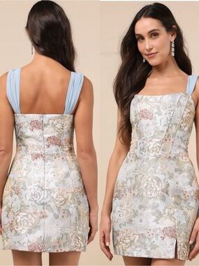 NWT Lulu’s Captivating Personality Light Blue Jacquard Bustier Mini Dress Small